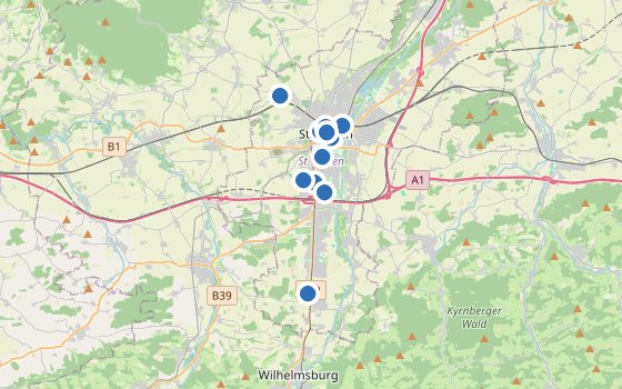 Kartenausschnitt mit den Hotels des Reiseziels