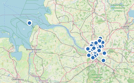 Kartenausschnitt mit den Hotels des Reiseziels