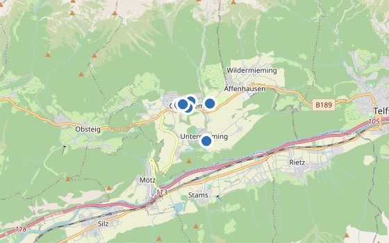 Kartenausschnitt mit den Hotels des Reiseziels