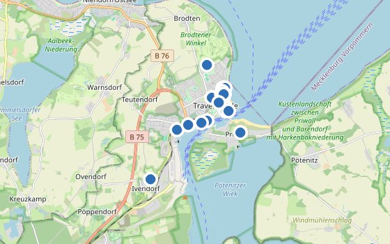 Kartenausschnitt mit den Hotels des Reiseziels