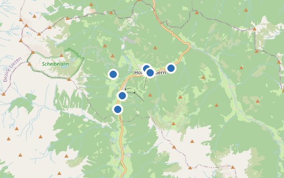 Kartenausschnitt mit den Hotels des Reiseziels