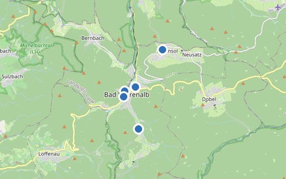 Kartenausschnitt mit den Hotels des Reiseziels