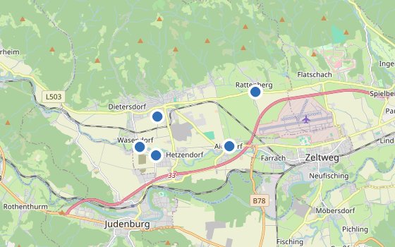 Kartenausschnitt mit den Hotels des Reiseziels