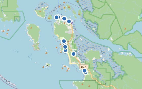 Kartenausschnitt mit den Hotels des Reiseziels