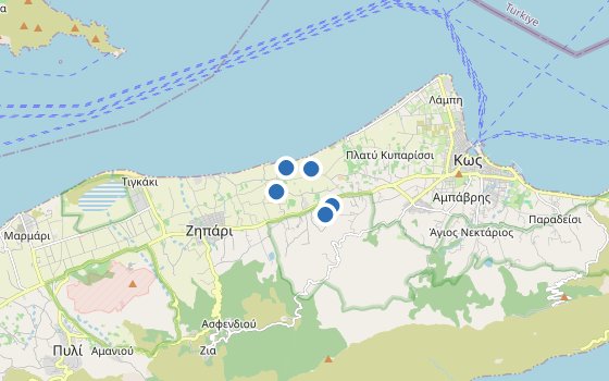 Kartenausschnitt mit den Hotels des Reiseziels