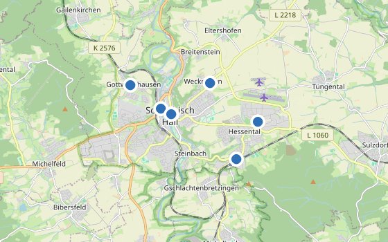 Kartenausschnitt mit den Hotels des Reiseziels