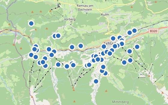 Kartenausschnitt mit den Hotels des Reiseziels