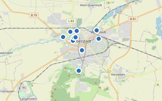 Kartenausschnitt mit den Hotels des Reiseziels