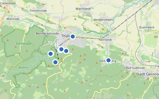 Kartenausschnitt mit den Hotels des Reiseziels