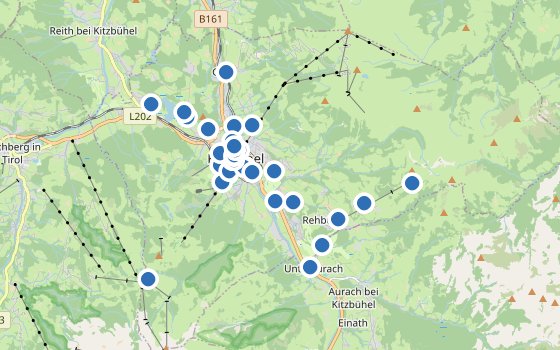 Kartenausschnitt mit den Hotels des Reiseziels