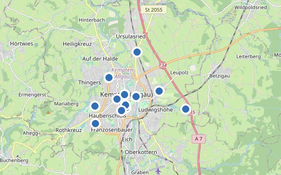 Kartenausschnitt mit den Hotels des Reiseziels