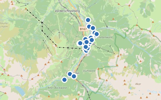 Kartenausschnitt mit den Hotels des Reiseziels