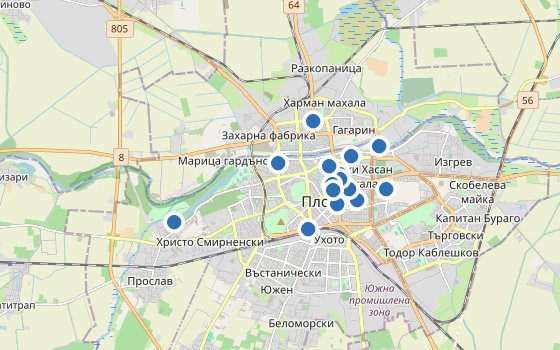 Kartenausschnitt mit den Hotels des Reiseziels