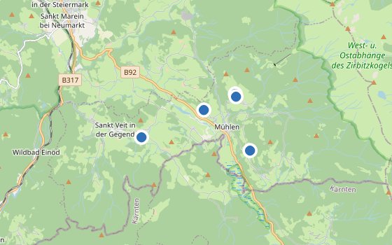 Kartenausschnitt mit den Hotels des Reiseziels