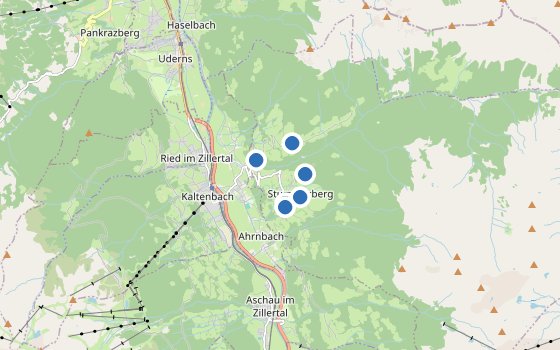 Kartenausschnitt mit den Hotels des Reiseziels
