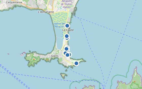 Kartenausschnitt mit den Hotels des Reiseziels