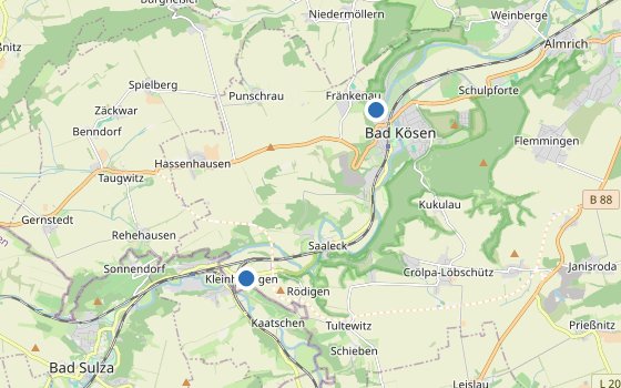 Kartenausschnitt mit den Hotels des Reiseziels