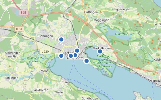 Kartenausschnitt mit den Hotels des Reiseziels