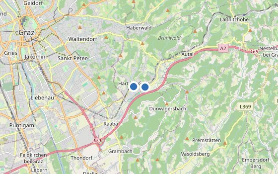 Kartenausschnitt mit den Hotels des Reiseziels