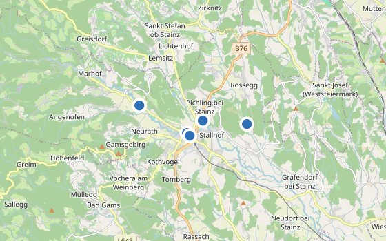 Kartenausschnitt mit den Hotels des Reiseziels