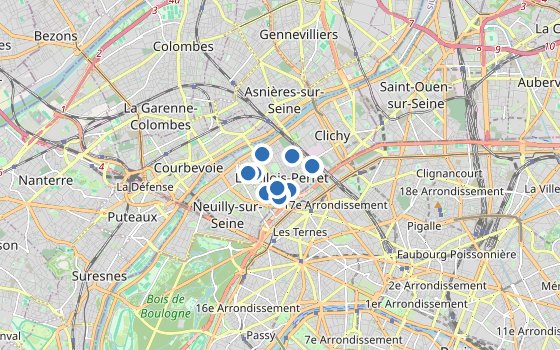Kartenausschnitt mit den Hotels des Reiseziels