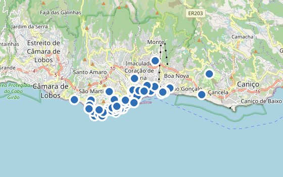 Kartenausschnitt mit den Hotels des Reiseziels