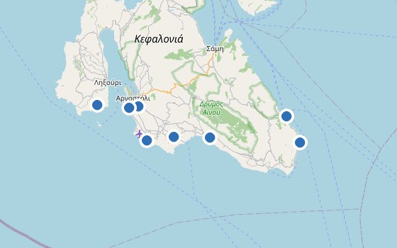Kartenausschnitt mit den Hotels des Reiseziels