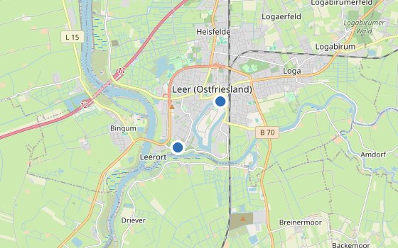 Kartenausschnitt mit den Hotels des Reiseziels