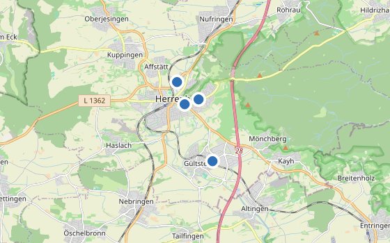 Kartenausschnitt mit den Hotels des Reiseziels