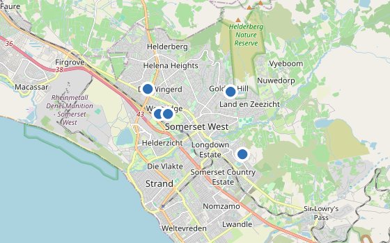 Kartenausschnitt mit den Hotels des Reiseziels