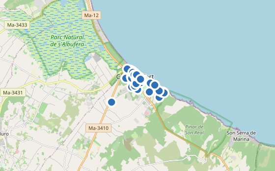 Kartenausschnitt mit den Hotels des Reiseziels
