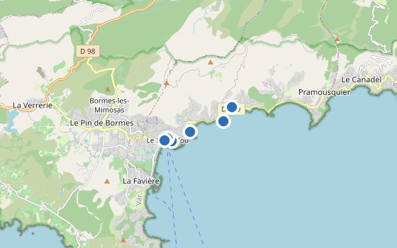 Kartenausschnitt mit den Hotels des Reiseziels
