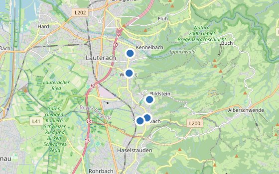 Kartenausschnitt mit den Hotels des Reiseziels