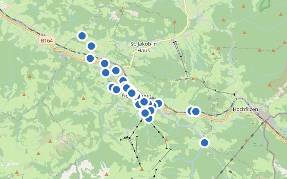 Kartenausschnitt mit den Hotels des Reiseziels