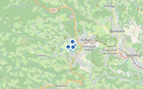Kartenausschnitt mit den Hotels des Reiseziels