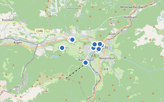 Kartenausschnitt mit den Hotels des Reiseziels