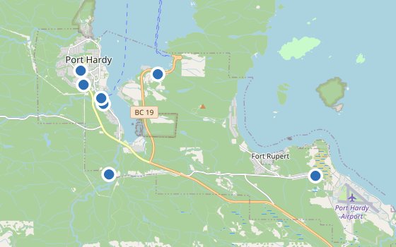 Kartenausschnitt mit den Hotels des Reiseziels