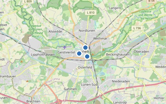 Kartenausschnitt mit den Hotels des Reiseziels