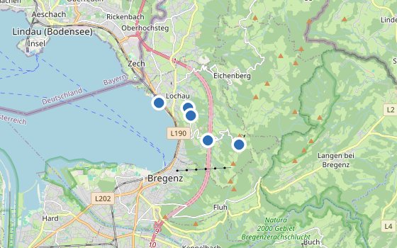 Kartenausschnitt mit den Hotels des Reiseziels