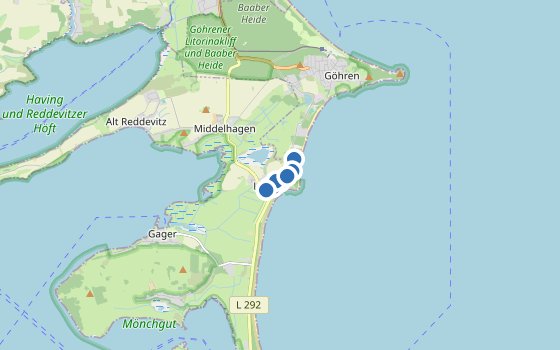 Kartenausschnitt mit den Hotels des Reiseziels