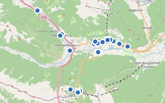 Kartenausschnitt mit den Hotels des Reiseziels