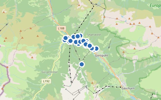 Kartenausschnitt mit den Hotels des Reiseziels