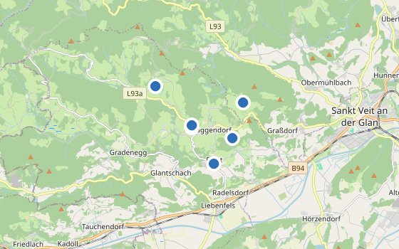 Kartenausschnitt mit den Hotels des Reiseziels