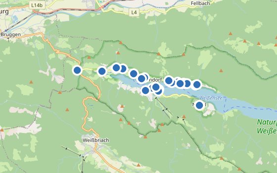 Kartenausschnitt mit den Hotels des Reiseziels
