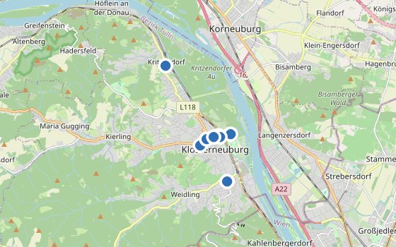 Kartenausschnitt mit den Hotels des Reiseziels