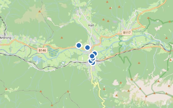 Kartenausschnitt mit den Hotels des Reiseziels