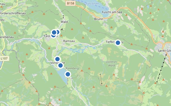 Kartenausschnitt mit den Hotels des Reiseziels