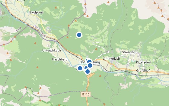 Kartenausschnitt mit den Hotels des Reiseziels