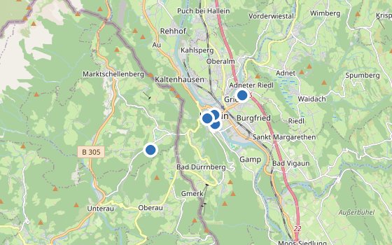 Kartenausschnitt mit den Hotels des Reiseziels