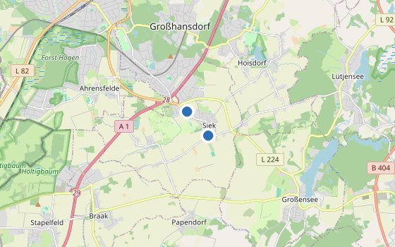 Kartenausschnitt mit den Hotels des Reiseziels